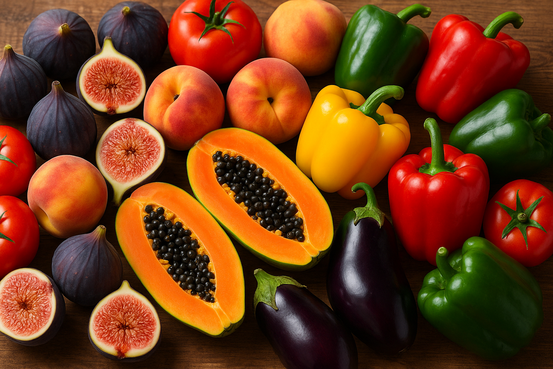 Imagen de higos, lechosa,durazos, tomates,berengenas, pimenton